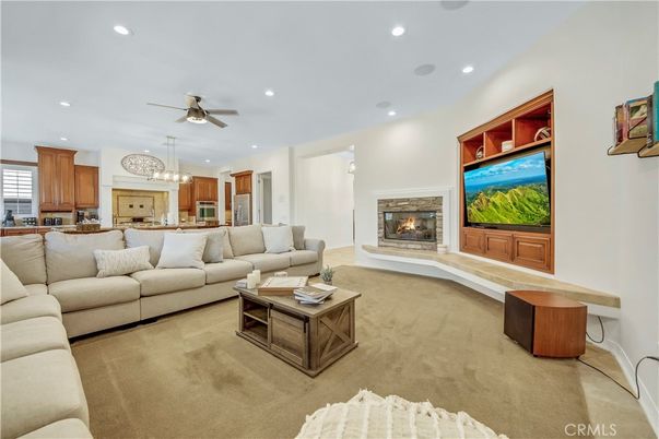 Chandelier, Dining room, Fireplace, Interior, Kitchen, Living room, Recessed Lighting