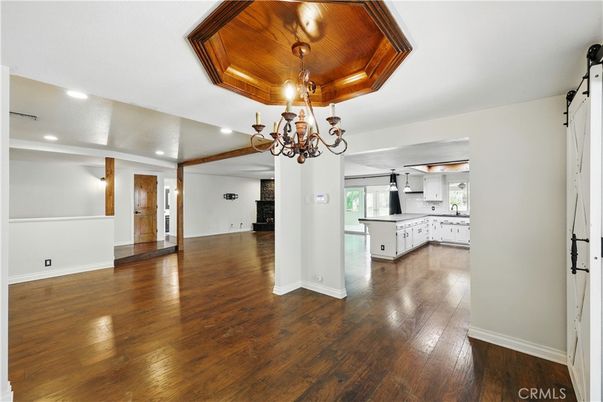 Chandelier, Interior, Kitchen, Recessed Lighting, Wood Texture Flooring