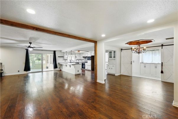 Chandelier, Empty room, Interior, Kitchen, Recessed Lighting, Wood Texture Flooring