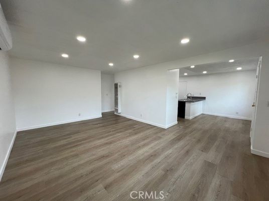 Empty room, Interior, Kitchen, Recessed Lighting, Wood Texture Flooring