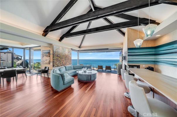 Dining room, Interior, Living room, Pendant Lights, Water, Wooden Beams, Wood Texture Flooring
