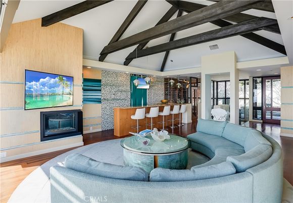 Fireplace, Interior, Living room, Recessed Lighting, Wooden Beams, Wood Texture Flooring