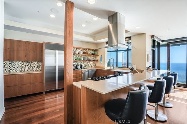 Interior, Kitchen, Recessed Lighting, Stainless Steel Appliances, Water, Wood Texture Flooring