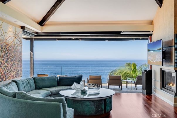 Fireplace, Interior, Living room, Recessed Lighting, Water, Wooden Beams, Wood Texture Flooring