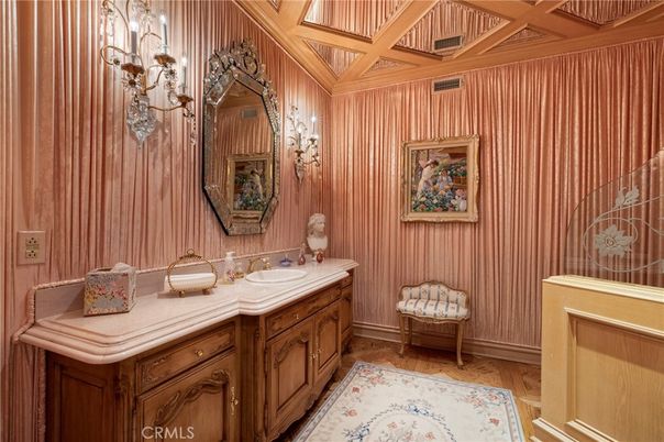 Bathroom, Chandelier, Interior, Wood Texture Flooring