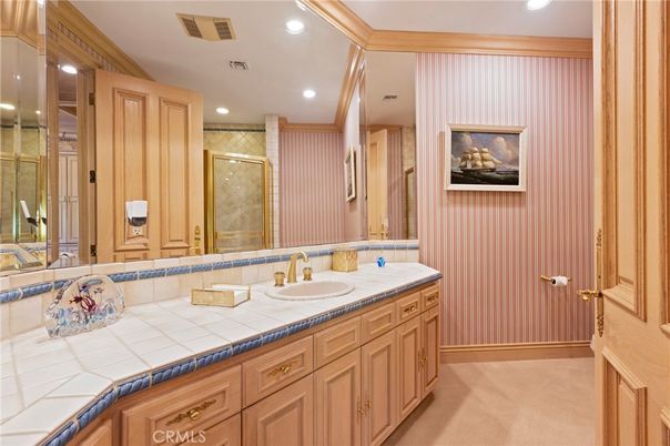 Bathroom, Dual Sink Vanities, Glass Shower, Interior, Recessed Lighting, Tile Countertops