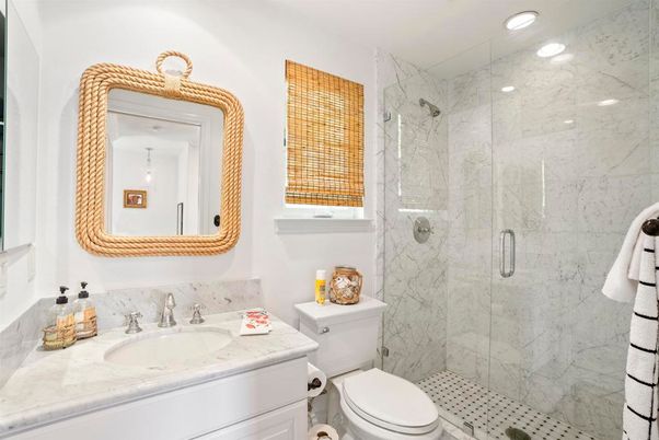Bathroom, Glass Shower, Interior, Marble Walls, Recessed Lighting