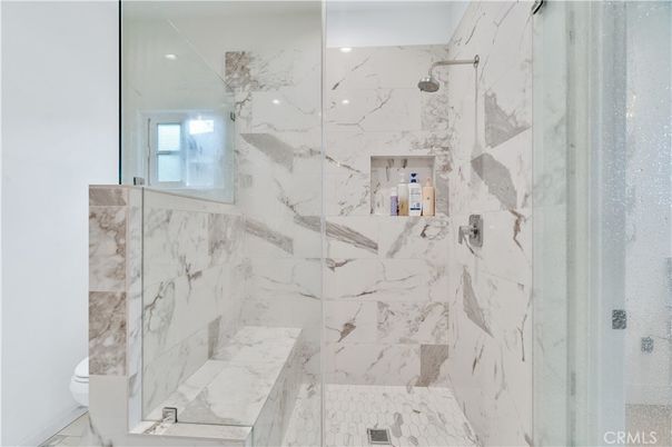 Bathroom, Glass Shower, Interior, Marble Walls, Recessed Lighting