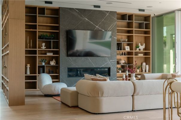 Fireplace, Interior, Living room, Recessed Lighting, Wood Texture Flooring