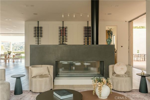 Fireplace, Interior, Recessed Lighting, Wine Storage, Wood Texture Flooring