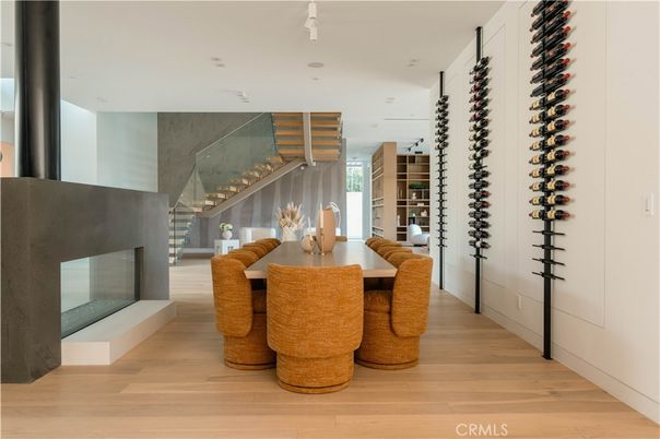 Dining room, Fireplace, Interior, Recessed Lighting, Wine Storage, Wood Texture Flooring