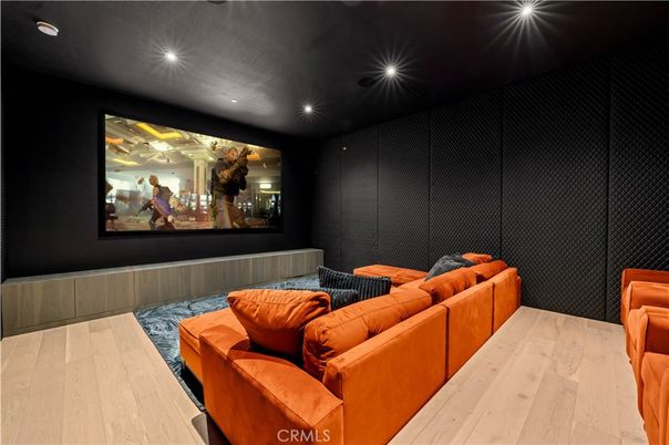 Interior, Projection Screen, Recessed Lighting, Theatre Room, Wood Texture Flooring