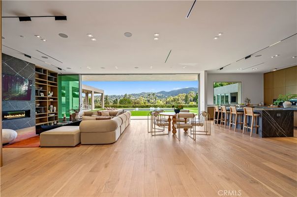 Dining room, Fireplace, Interior, Living room, Recessed Lighting, Wood Texture Flooring
