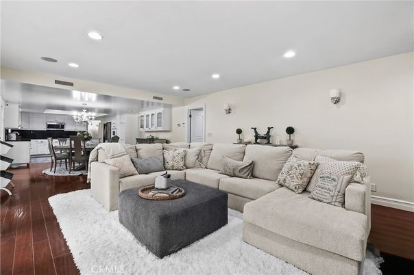 Dining room, Interior, Kitchen, Living room, Recessed Lighting, Stainless Steel Appliances, Wood Texture Flooring