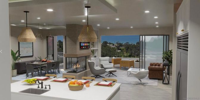Dining room, Fireplace, Interior, Living room, Pendant Lights, Recessed Lighting, Wood Texture Flooring