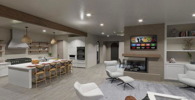 Fireplace, Interior, Kitchen, Pendant Lights, Recessed Lighting, Wood Texture Flooring