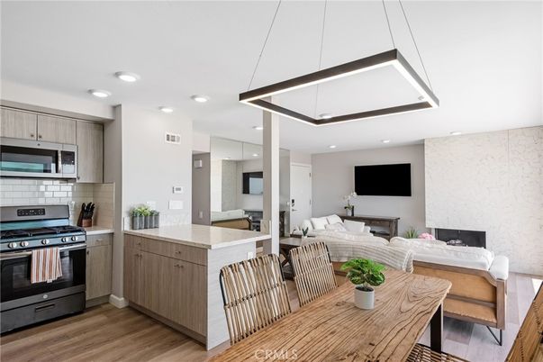 Interior, Kitchen, Living room, Recessed Lighting, Stainless Steel Appliances, Wood Texture Flooring