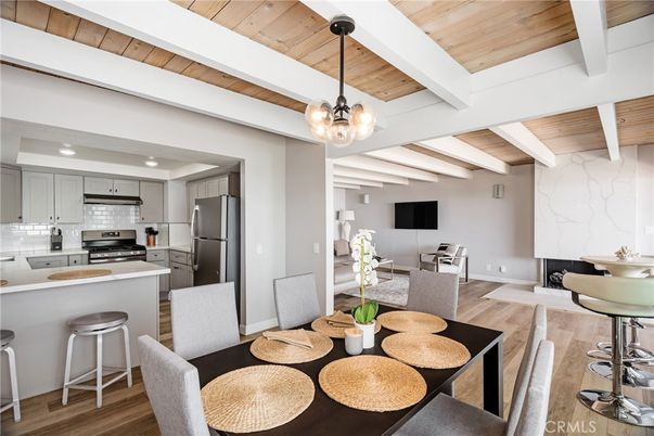 Dining room, Interior, Kitchen, Pendant Lights, Recessed Lighting, Stainless Steel Appliances, Wooden Beams, Wooden Ceilings, Wood Texture Flooring