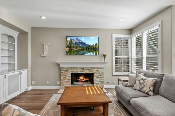 Fireplace, Interior, Living room, Recessed Lighting, Wood Texture Flooring