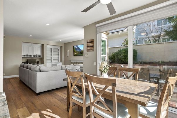Dining room, Interior, Living room, Recessed Lighting, Wood Texture Flooring