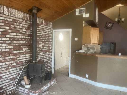 Fireplace, Interior, Pendant Lights, Stone Walls, Wooden Ceilings