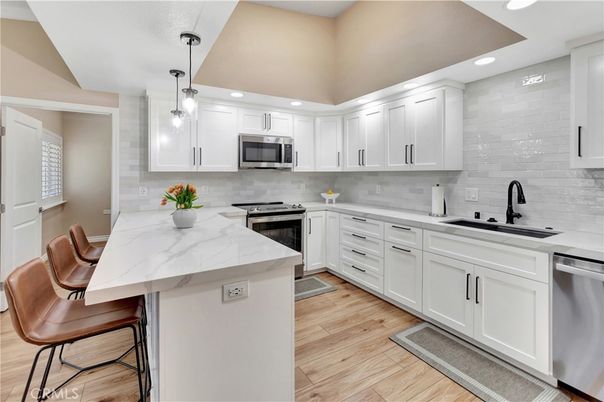 Interior, Kitchen, Pendant Lights, Recessed Lighting, Stainless Steel Appliances, Wood Texture Flooring