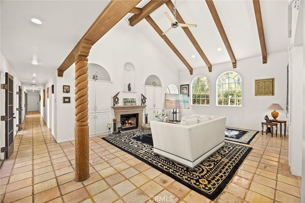 Fireplace, Interior, Living room, Recessed Lighting, Wooden Beams