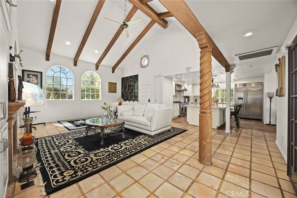 Interior, Kitchen, Living room, Recessed Lighting, Stainless Steel Appliances, Wooden Beams