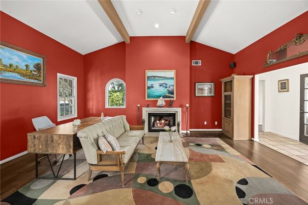 Dining room, Fireplace, Interior, Living room, Recessed Lighting, Wood Texture Flooring