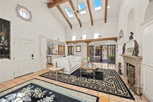 Fireplace, Interior, Kitchen, Living room, Pendant Lights, Recessed Lighting, Wooden Beams