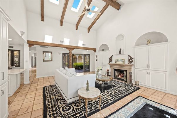 Fireplace, Interior, Living room, Recessed Lighting, Wooden Beams