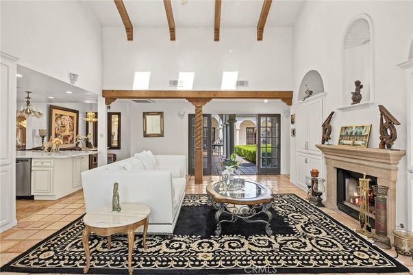 Chandelier, Fireplace, Interior, Kitchen, Living room, Recessed Lighting, Wooden Beams