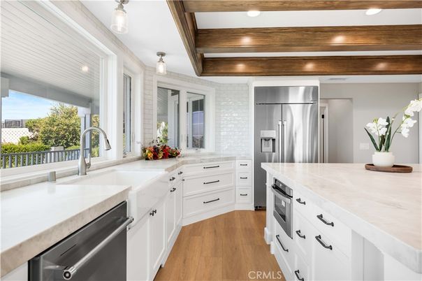 Interior, Kitchen, Pendant Lights, Recessed Lighting, Stainless Steel Appliances, Wooden Beams, Wood Texture Flooring