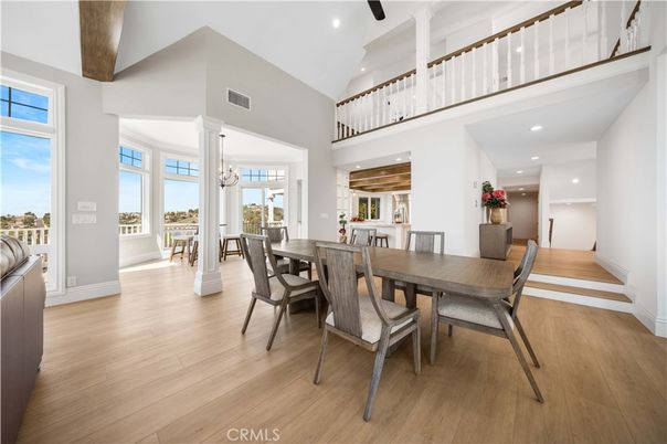 Dining room, Interior, Pendant Lights, Recessed Lighting, Wooden Beams, Wood Texture Flooring
