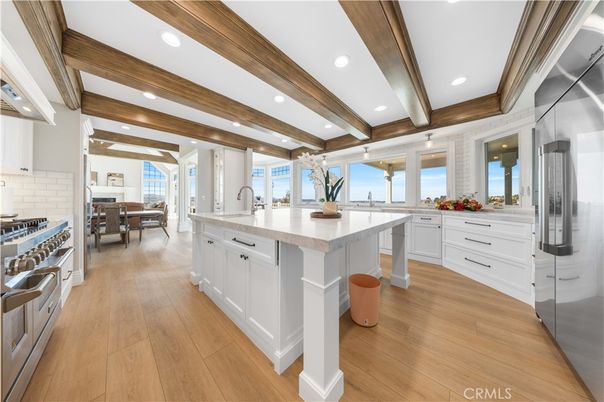 Dining room, Interior, Kitchen, Recessed Lighting, Stainless Steel Appliances, Wooden Beams, Wood Texture Flooring