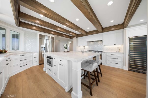 Interior, Kitchen, Recessed Lighting, Stainless Steel Appliances, Wooden Beams, Wood Texture Flooring