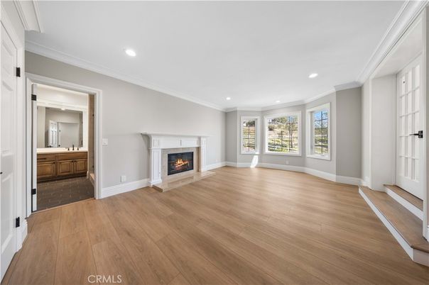 Bathroom, Empty room, Fireplace, Interior, Recessed Lighting, Wood Texture Flooring