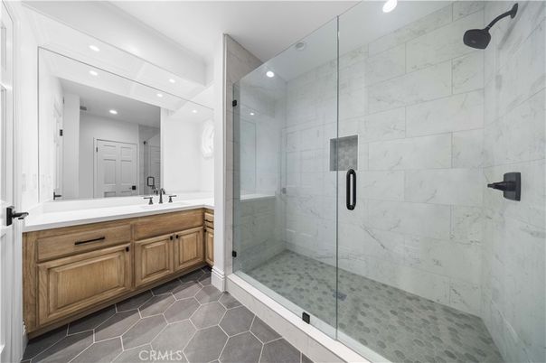 Bathroom, Glass Shower, Interior, Marble Walls, Recessed Lighting