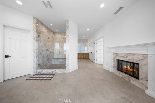 Bathroom, Fireplace, Glass Shower, Interior, Marble Walls, Recessed Lighting