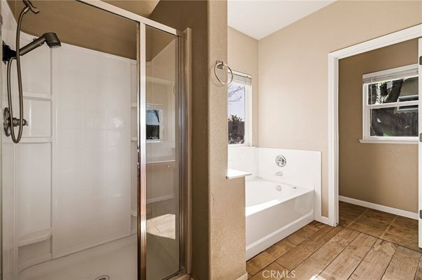 Bathroom, Glass Shower, Interior, Wood Texture Flooring