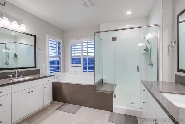 Bathroom, Dual Sink Vanities, Glass Shower, Interior, Recessed Lighting