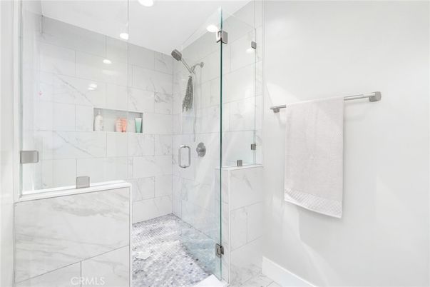 Bathroom, Glass Shower, Interior, Marble, Marble Walls, Recessed Lighting