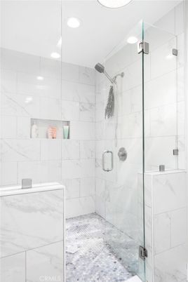 Bathroom, Glass Shower, Interior, Marble Walls, Recessed Lighting