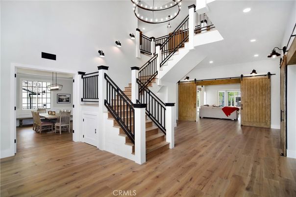 Dining room, Interior, Living room, Pendant Lights, Recessed Lighting, Wood Texture Flooring