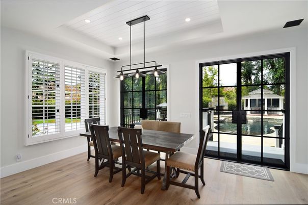 Dining room, Interior, Pendant Lights, Recessed Lighting, Wood Texture Flooring