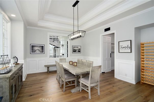 Dining room, Interior, Pendant Lights, Recessed Lighting, Wood Texture Flooring
