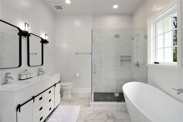 Bathroom, Dual Sink Vanities, Free Standing Baths, Glass Shower, Interior, Marble, Recessed Lighting