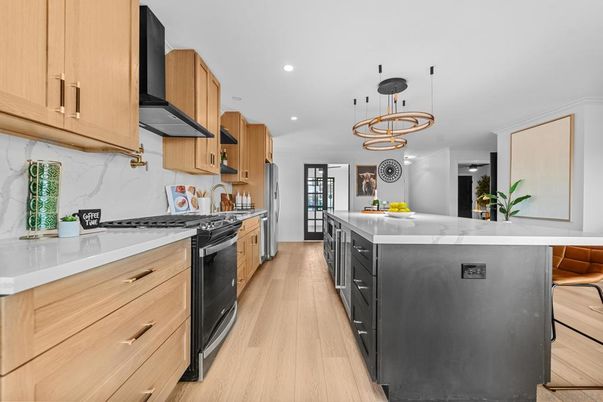 Interior, Kitchen, Marble Walls, Pendant Lights, Recessed Lighting, Wood Texture Flooring