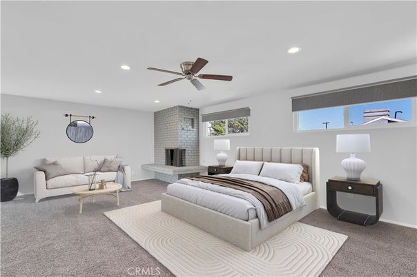 Bedroom, Fireplace, Interior, Recessed Lighting, Stone Walls