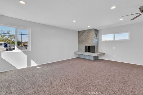 Empty room, Fireplace, Interior, Recessed Lighting, Stone Walls